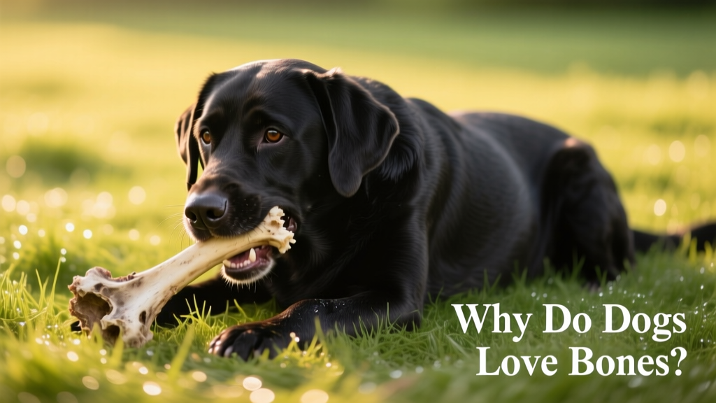 a black Labrador lying on a grass lawn while gnawing on a large bone