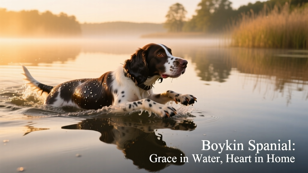 A Boykin spaniel mid-swim in a calm lake, highlighting its webbed feet and waterproof coat