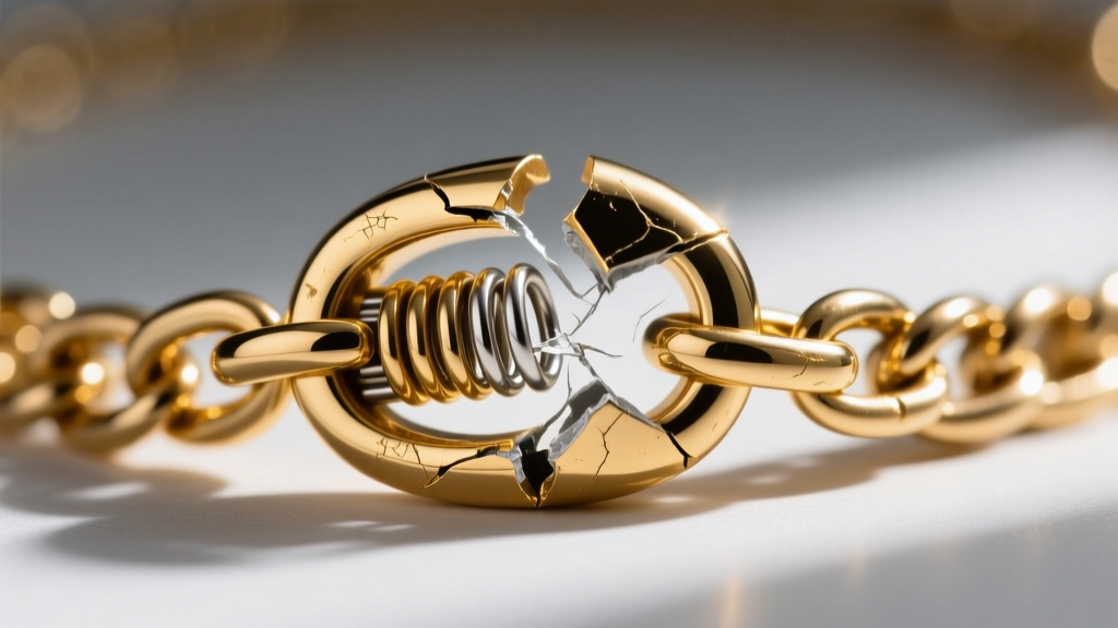 Macro photo of a broken gold-plated spring ring clasp on a baseball chain necklace, showing the internal spring mechanism failure.