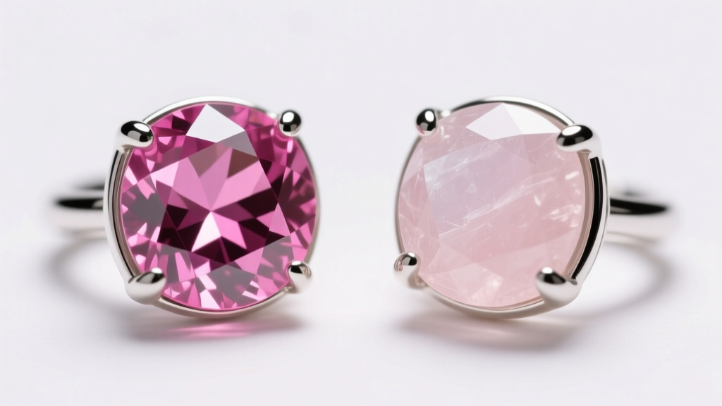 Macro comparison of vivid pink sapphire and pale rose quartz gemstones set in polished rhodium silver bezels, studio lighting