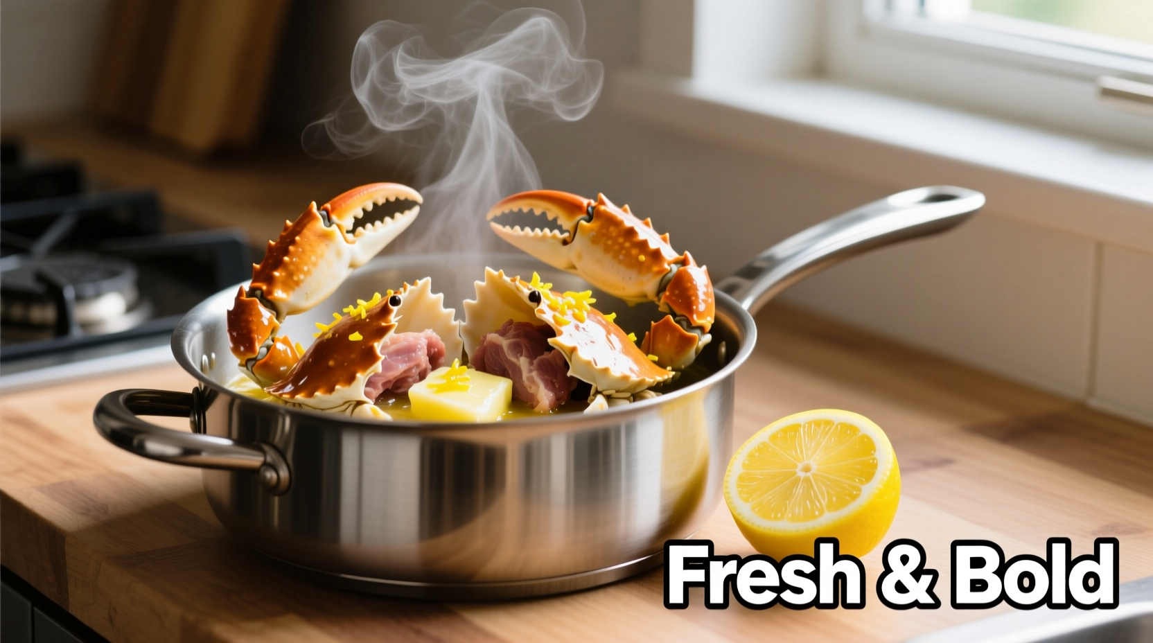 Steaming crab legs in stainless steel pot with lemon