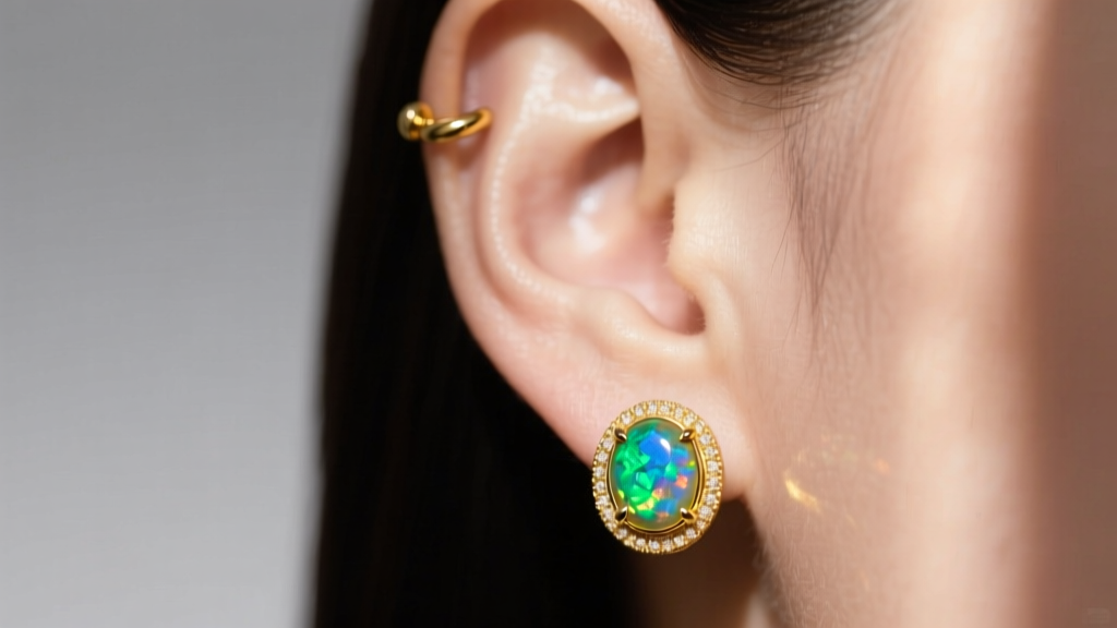 Close-up of an ear wearing 14k yellow gold bezel-set boulder opal huggies and a tiny helix stud, lit by soft natural window light.