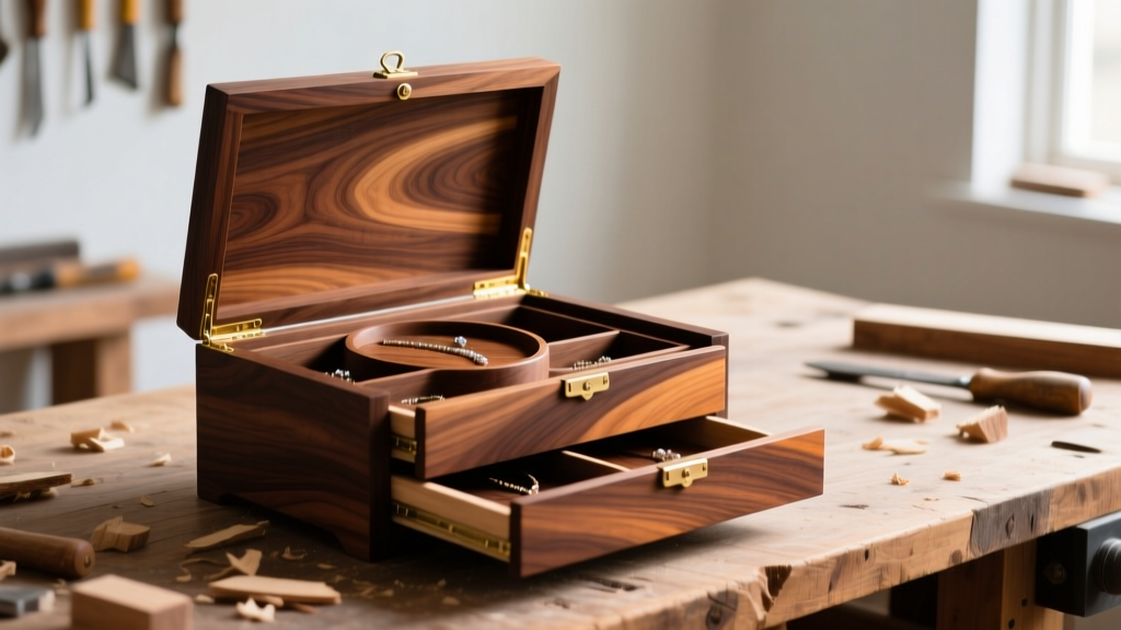 Walnut bandsaw jewelry box with hidden drawers open on a workbench, soft lighting highlighting seamless wood grain and tight curves