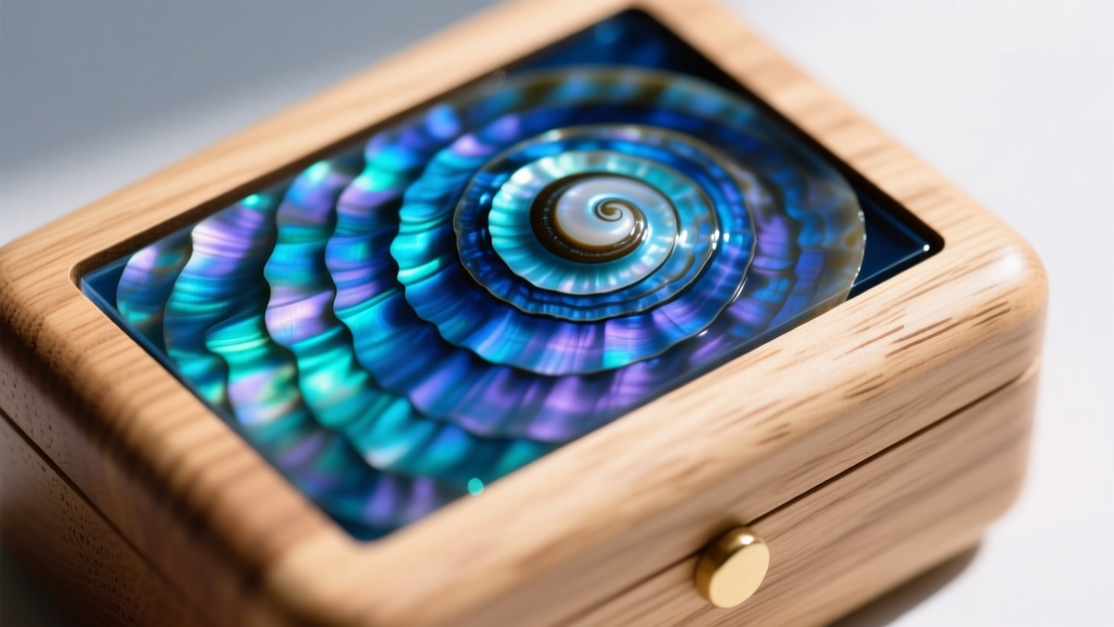 Macro shot of polished blue paua abalone shell veneer on a wooden jewelry box lid showing natural grain and clear epoxy finish
