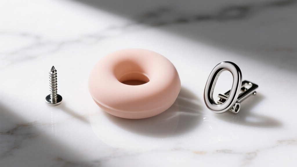 Overhead view of three earring backs: a jumbo silicone pad, a threaded screw post, and an omega clip on a white marble surface.