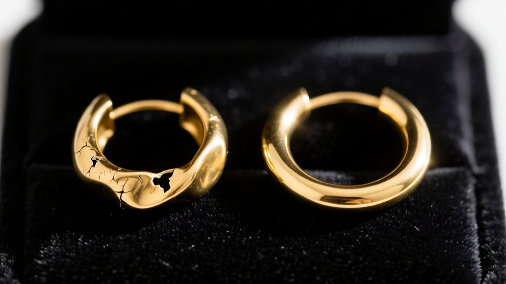 Macro shot of a dented hollow gold hoop earring next to a pristine solid 16-gauge 14k gold hoop resting on a dark velvet pad