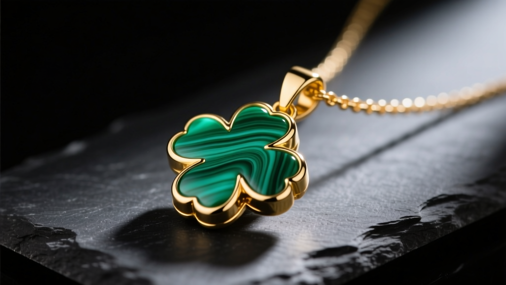 Close-up of a gold clover pendant necklace with vibrant green malachite inlay resting on dark slate under soft natural lighting
