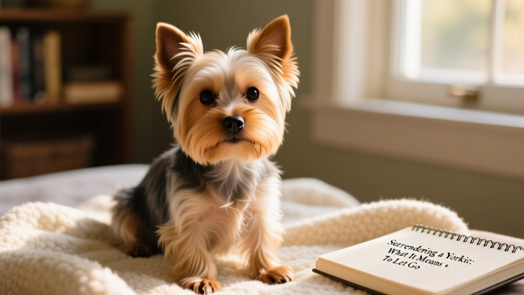 A gentle close-up of a Yorkshire Terrier looking calmly at the camera, sitting on a soft blanket