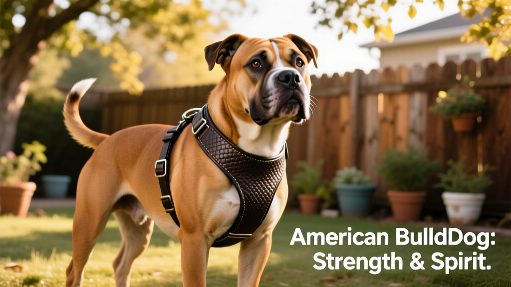 american bulldog wearing harness