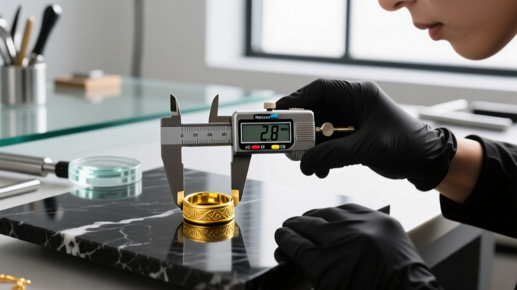 Jeweler using a digital micrometer to measure the exact gold thickness on a freshly electroplated yellow gold ring band.