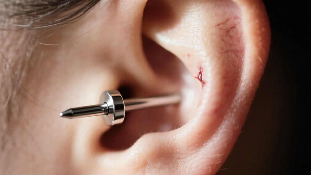 Side profile macro photograph showing a titanium labret stud post piercing a healed earlobe, highlighting the smooth mirror finish
