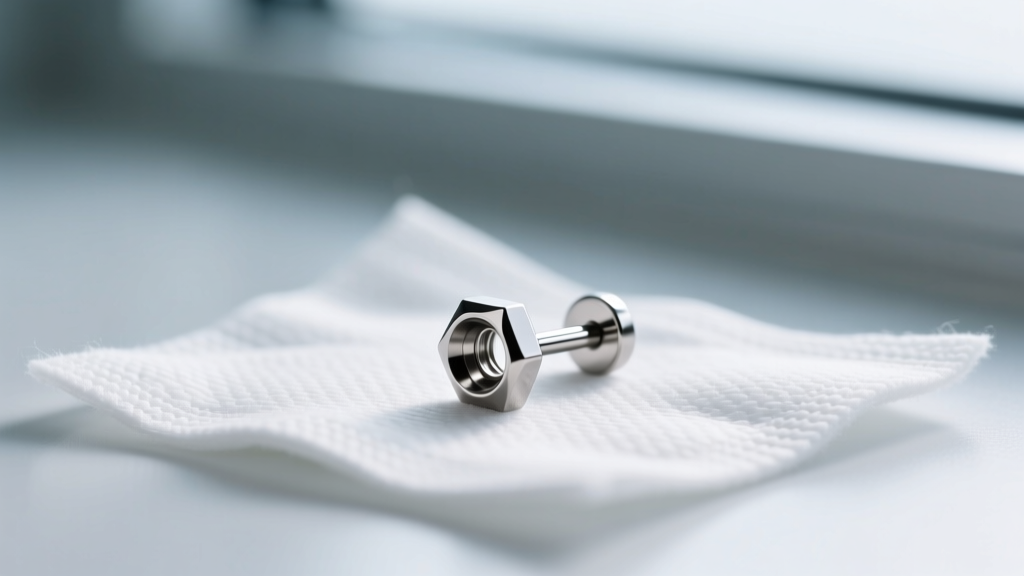 Macro photography of an implant-grade titanium 16-gauge flat back labret earring resting on a sterile medical gauze pad.