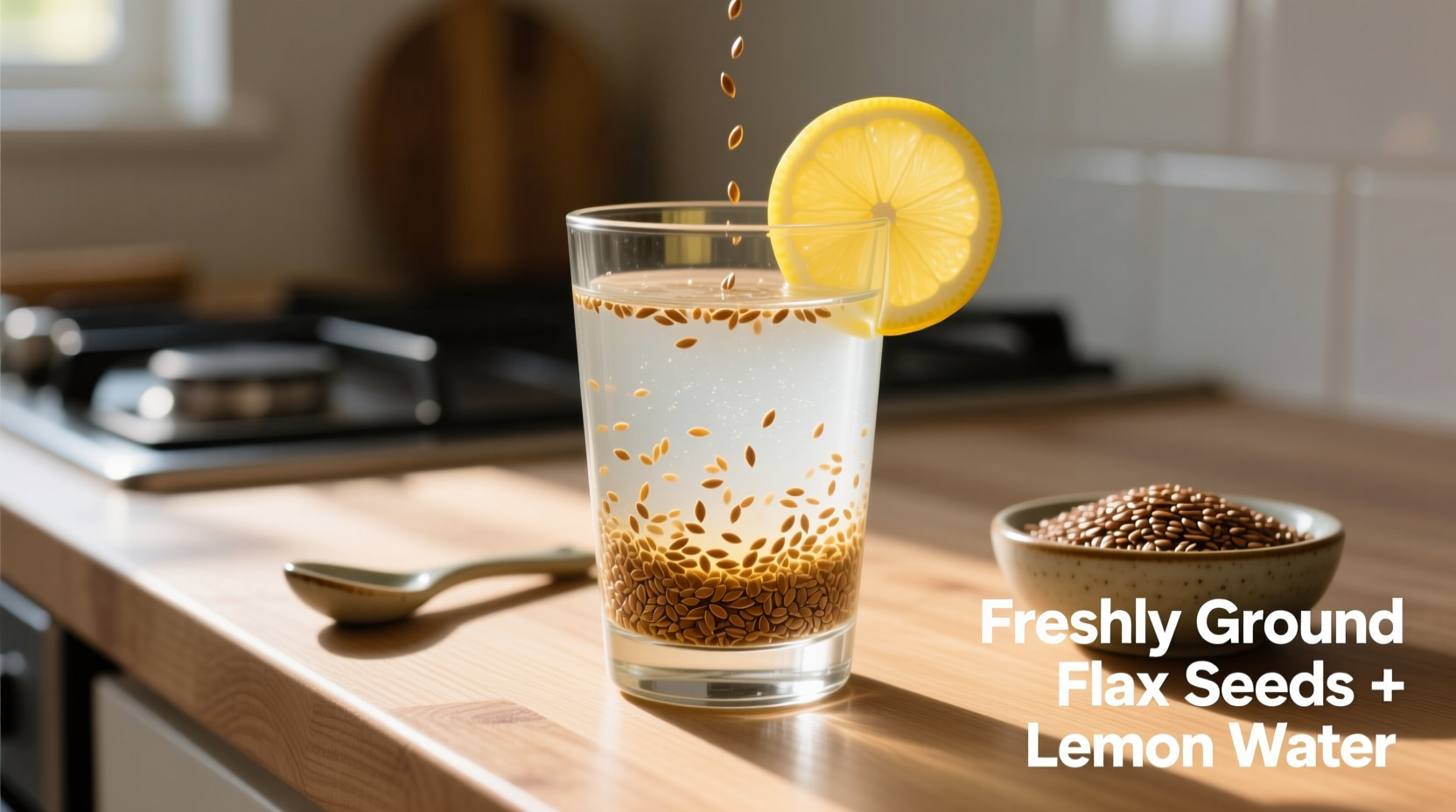 Ground flax seeds mixed in a glass of water with lemon