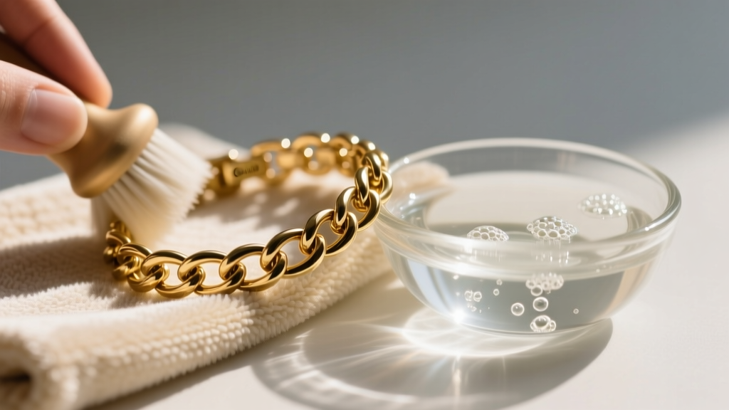 Soft microfiber cloth polishing a vintage Carolee gold-plated link bracelet beside a small glass bowl of mild soapy distilled water