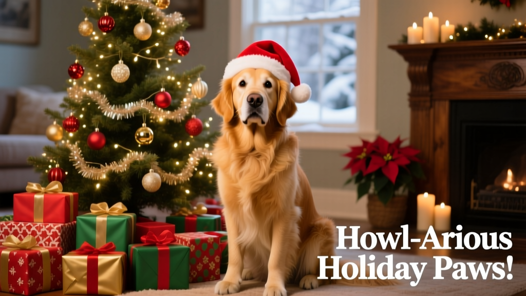 A festive scene: a golden retriever wearing a tiny red Santa hat, sitting beside a decorated tree with wrapped gifts