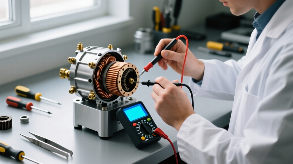 Technician using a multimeter to test carbon brushes inside a disassembled commercial blender motor base on a repair workbench