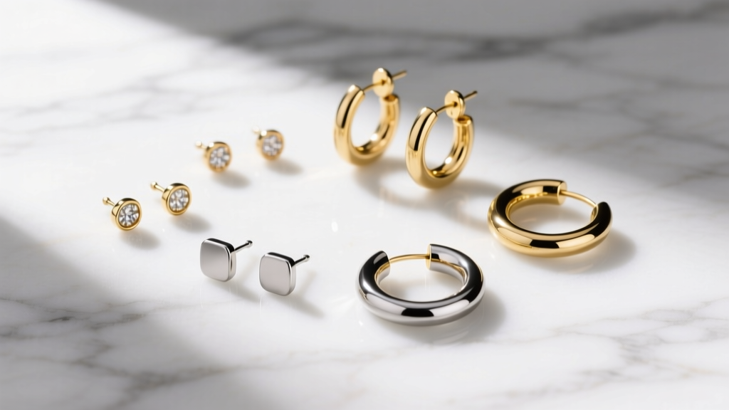 Flat lay of titanium and gold vermeil earring sets on marble, featuring small studs and huggie hoops for double lobe piercings.