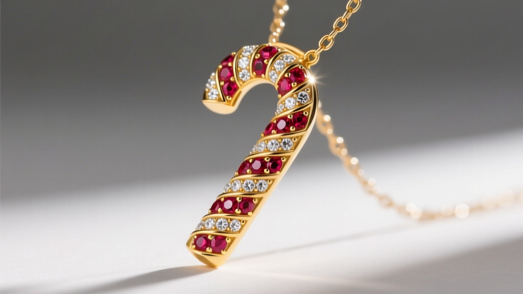 Close-up of a 14k yellow gold candy cane pendant encrusted with pave rubies and white diamonds on a delicate 18-inch box chain