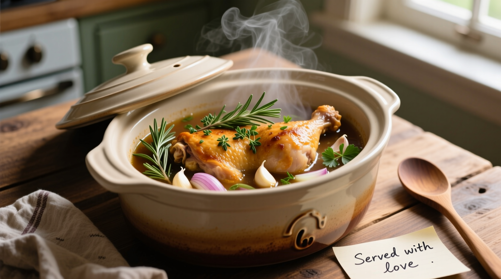 Perfectly cooked chicken thighs in slow cooker with herbs