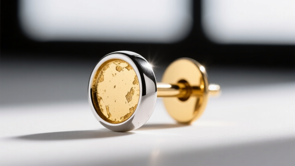 Extreme close-up of a 14k white gold earring post showing slight rhodium wear revealing the warm yellowish gold alloy underneath