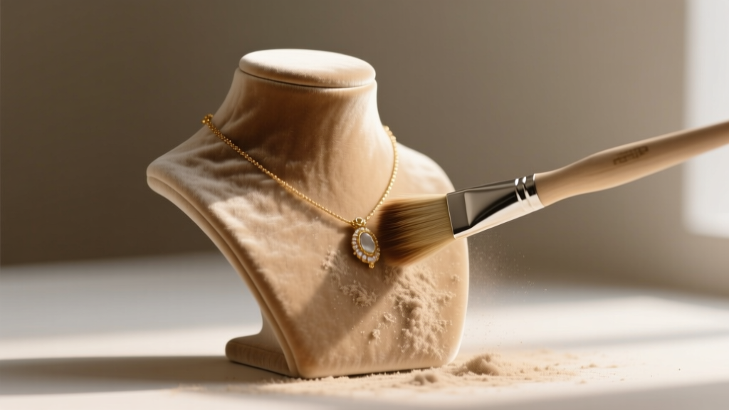 Soft brush cleaning a dusty beige velvet jewelry bust display, revealing the rich fabric texture under the surface dust layer.