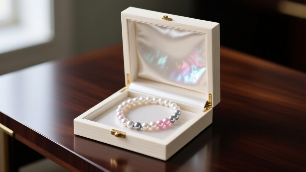 Open luxury pearl necklace box with untreated silk lining on a dark mahogany desk, soft directional lighting highlighting the nacre