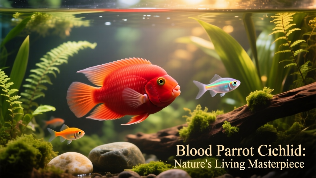 Blood parrot cichlid swimming calmly alongside peaceful tankmates in a well-planted aquarium