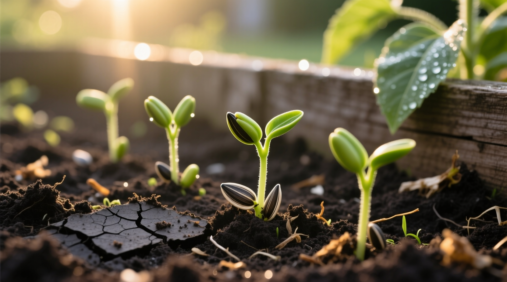 Sunflower seedlings growing in garden soil