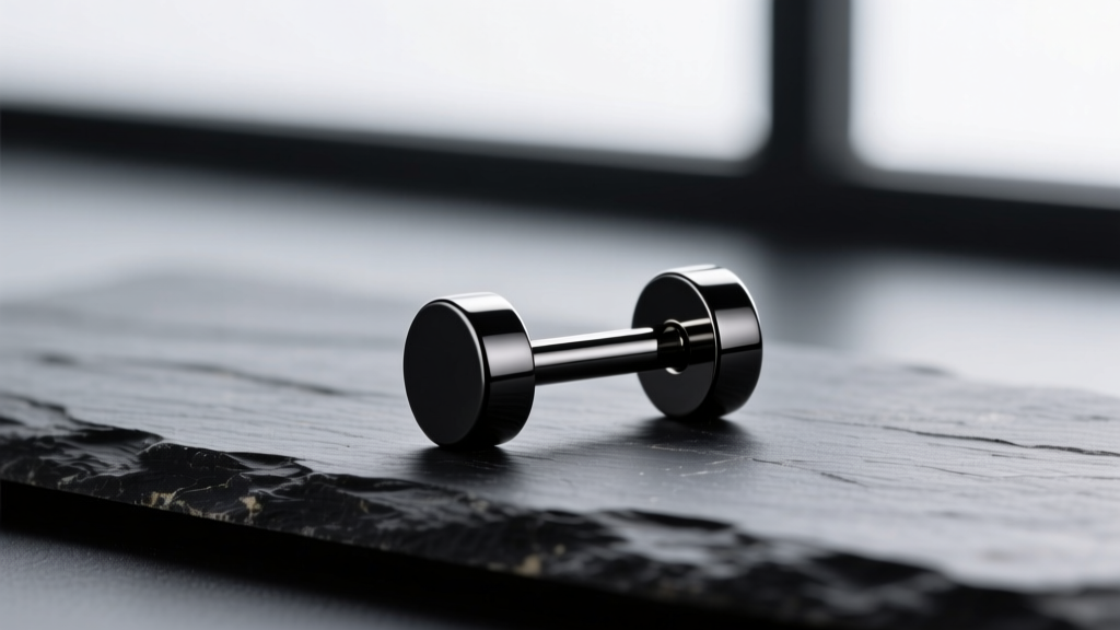 Macro photography of a black PVD-coated titanium barbell earring resting on dark slate, showing the sleek metallic finish.