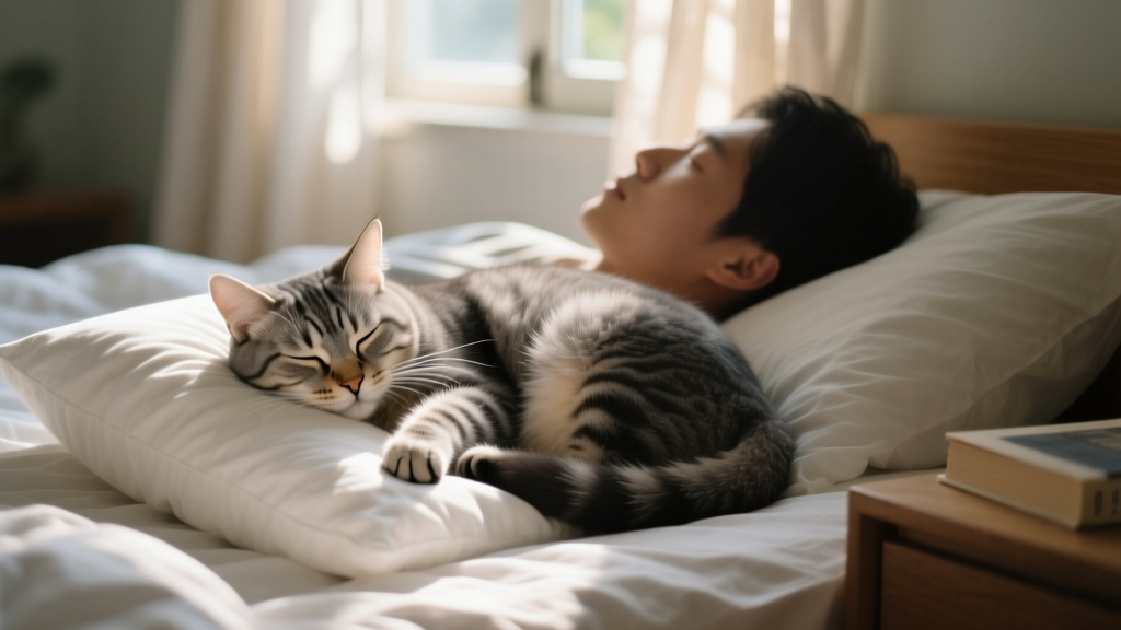 A relaxed cat curled up asleep on a human’s pillow next to their head