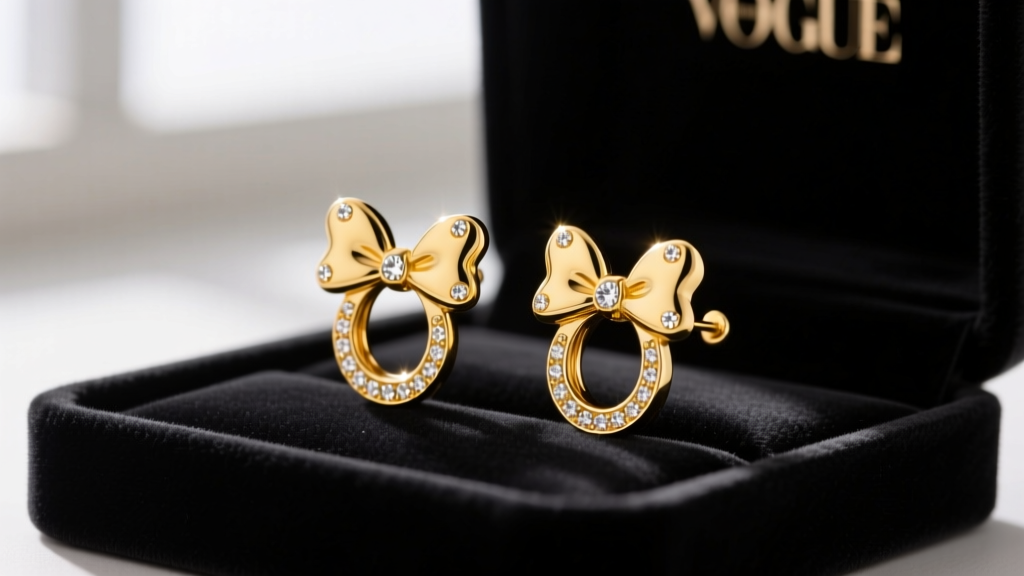 14k yellow gold Minnie Mouse bow huggie earrings with tiny pavé diamond polka dots resting on a black velvet jewelry display tray