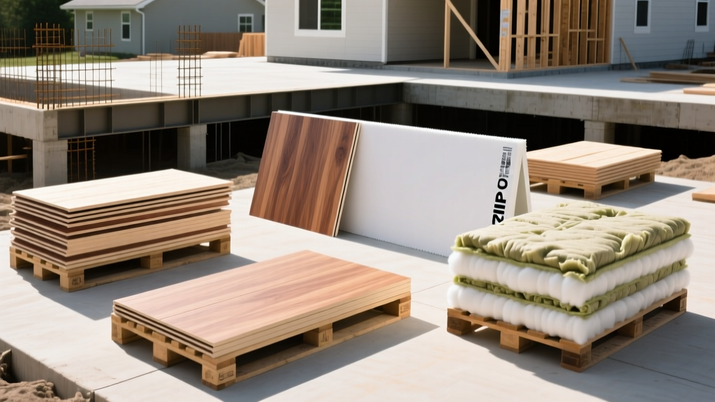 Organized pallets of engineered lumber, ZIP sheathing, and insulation batts staged on a residential foundation site