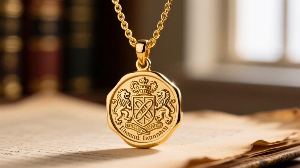 Macro shot of a vintage heraldic signet pendant with deep intaglio carving, hanging from a 4mm 14k yellow gold Figaro chain.