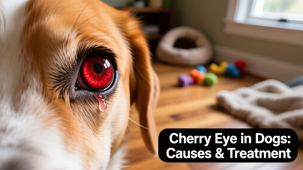 Close-up of a dog's eye showing a red, rounded prolapse in the inner corner—the classic appearance of cherry eye