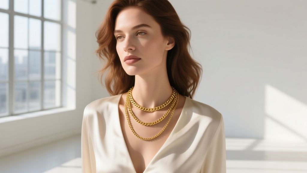 A woman wearing three layered gold chains of varying thicknesses, highlighting a precise two-inch gap between the necklaces.