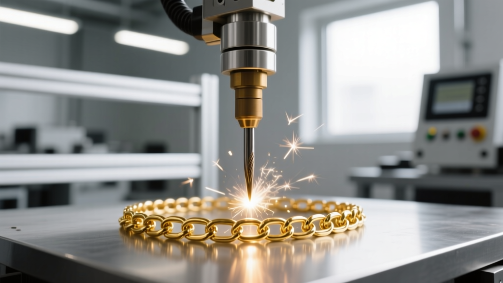 Close-up of a professional pulse arc welder workstation featuring a tungsten electrode hovering over a delicate 14k gold chain link