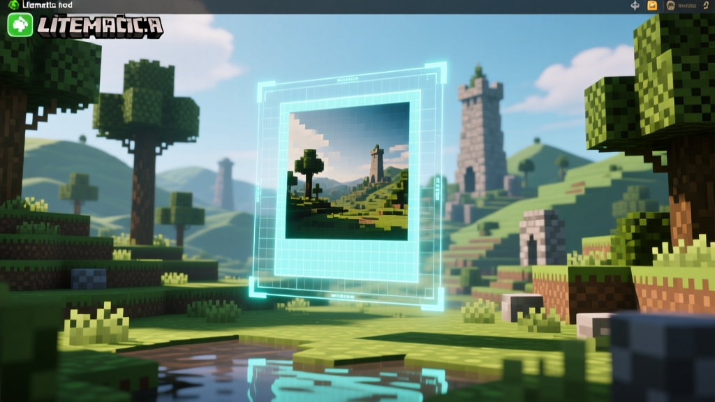 Screenshot of the Litematica mod interface displaying a holographic blueprint of a pixelated photograph overlaid on a Minecraft landscape.