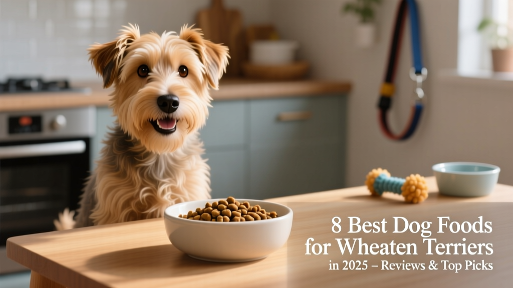 A happy Wheaten Terrier sitting beside a clean, portioned meal in a ceramic bowl