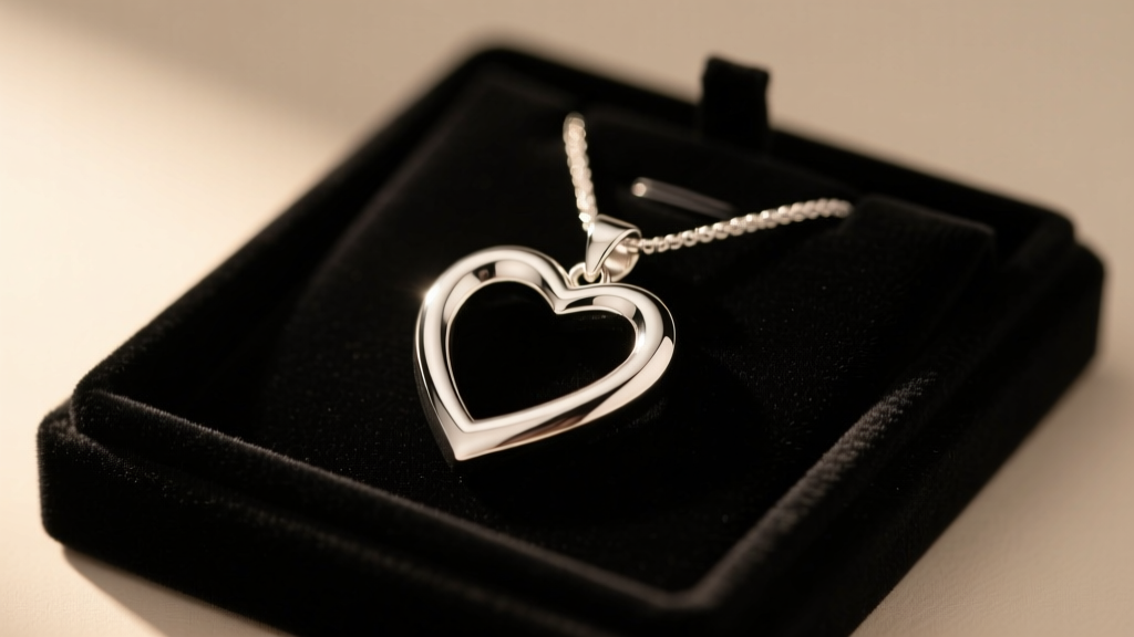 Solid .925 sterling silver chunky heart pendant resting on a dark velvet jewelry display tray under warm, directional studio lighting