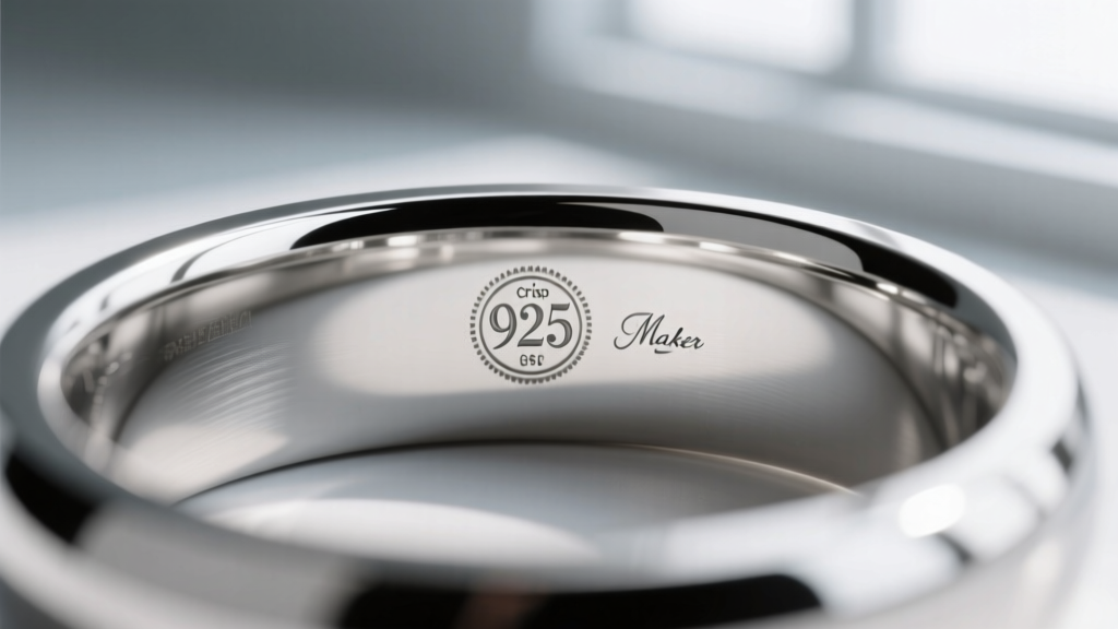 Macro shot of a silver ring interior showing a crisp 925 hallmark stamp beside a maker's mark, sharp focus, bright studio light