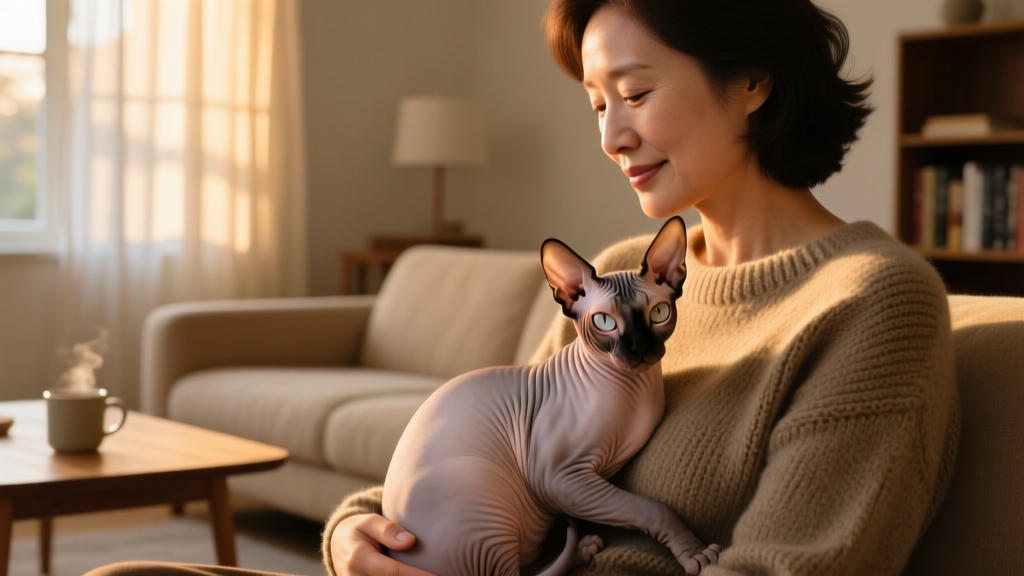 A Sphynx cat nestled comfortably against its owner's chest during a quiet evening at home