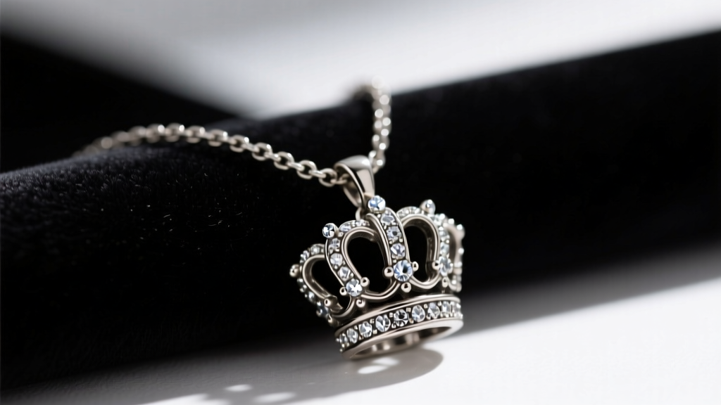 Close-up of a tarnished vintage silver Juicy Couture necklace with a crown pendant and pave rhinestones resting on dark velvet.