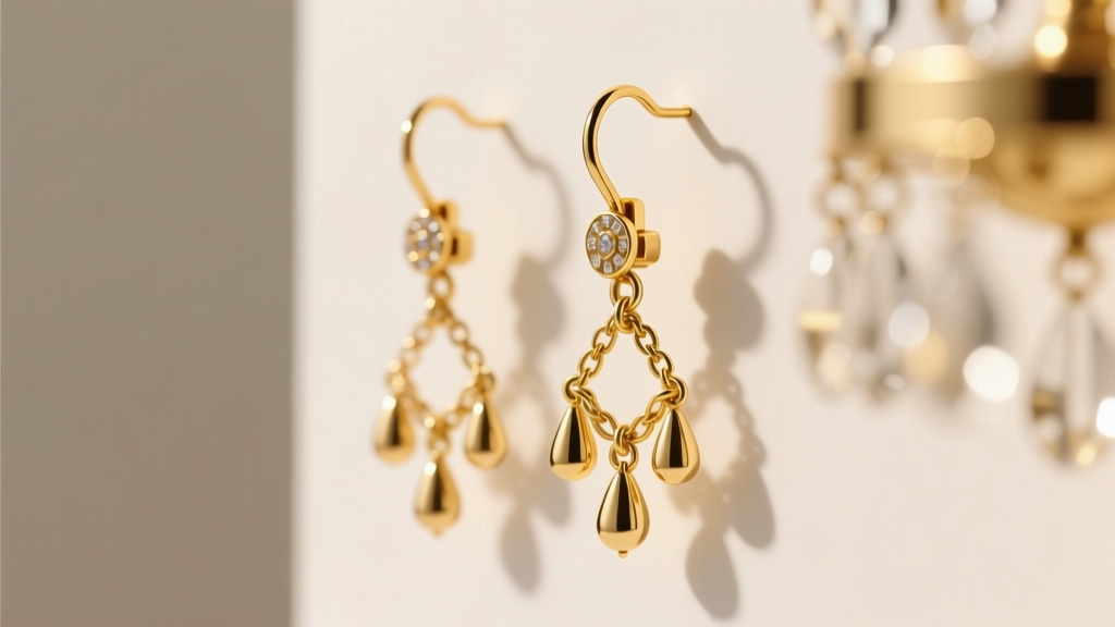 Profile view of detachable 22k gold Tanishq Rivaah chandelier earrings, highlighting the modular hook and drop mechanism clearly.