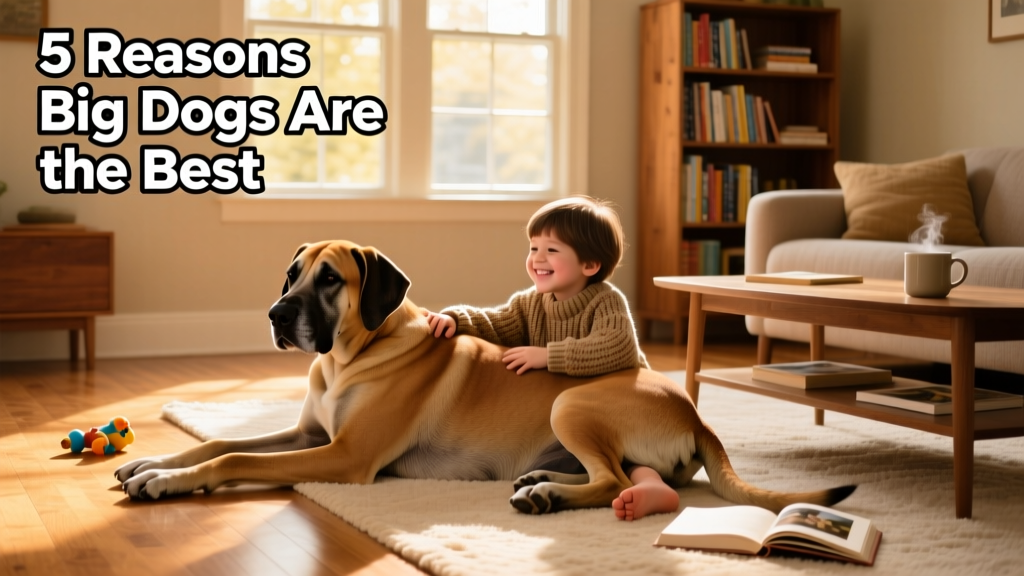 A calm, friendly Great Dane resting beside a child on a sunlit living room floor