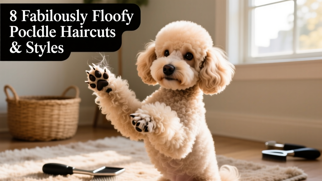 A Miniature Poodle mid-grooming, showing off fluffy paws and a tidy, sculpted head