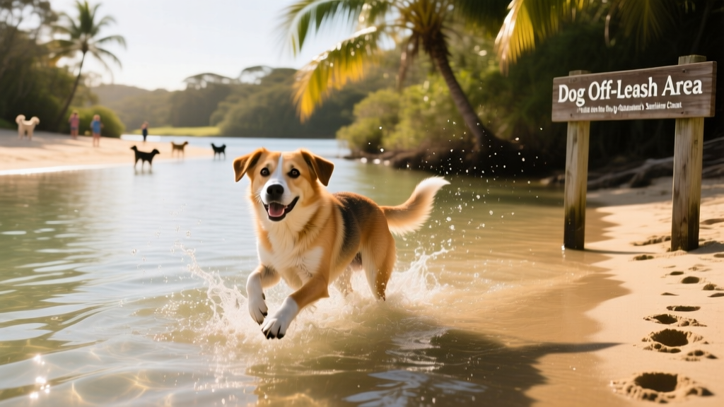 A relaxed dog playing in shallow lagoon water at Stumers Creek Dog Off-Leash Area