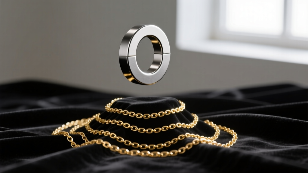 A neodymium magnet hovering over gold chains on dark velvet, showing no magnetic attraction to the precious metal pieces.