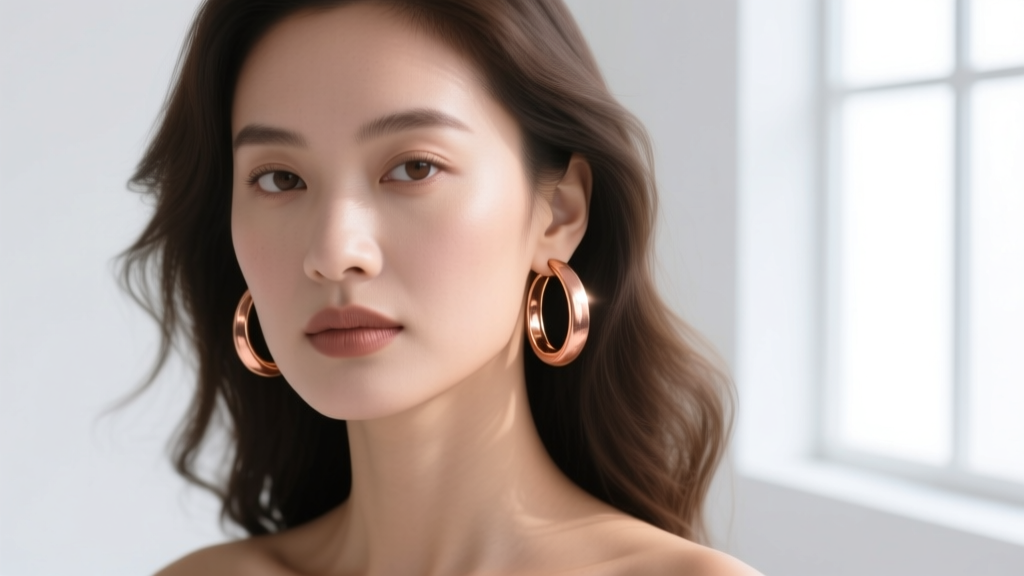 Portrait of a woman with neutral olive skin tone wearing 18k rose gold hoop earrings, highlighting the copper alloy