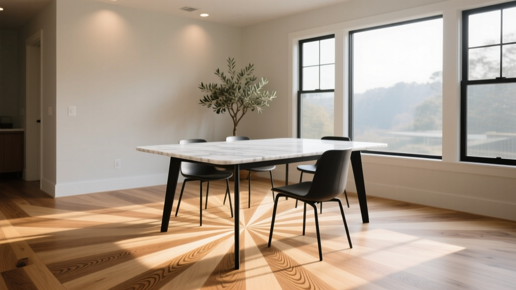 Close-up of quarter-sawn white oak hardwood floor planks showing prominent ray fleck patterns in a sunlit modern dining room