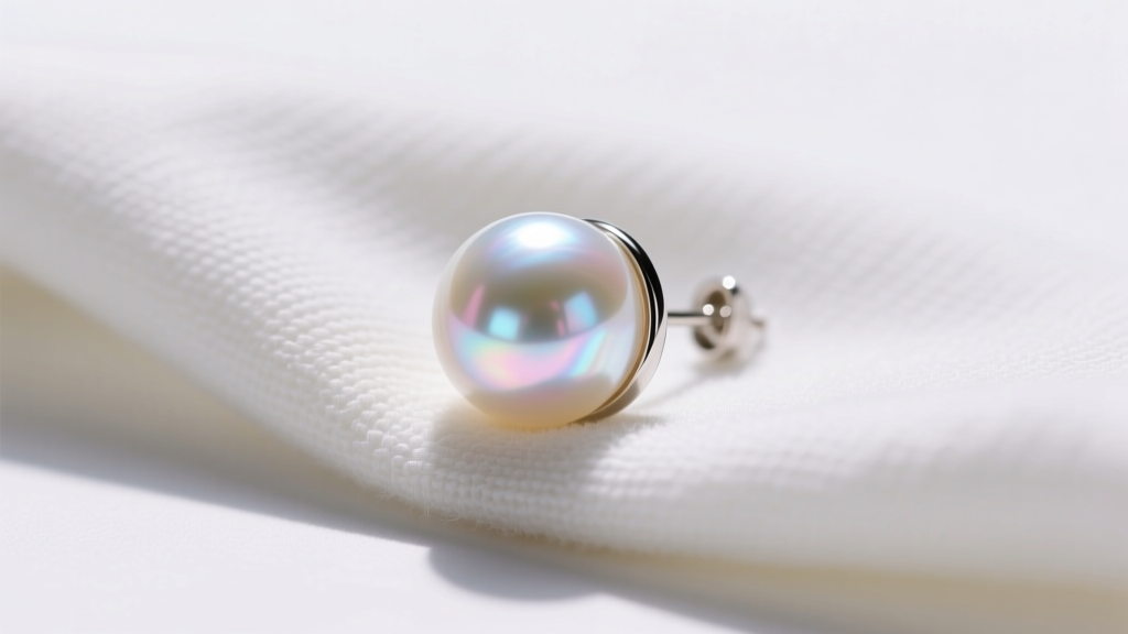 Macro photo of a freshwater pearl earring on a microfiber cloth, highlighting the delicate nacre surface and iridescent luster.